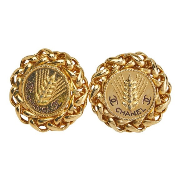 CHANEL Jewelry - CHANEL Coco Mark Round Wheat and Rice Motif Earrings, Gold Plated, Women's